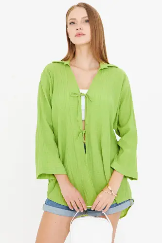 Woman Pistachio Green Shirt Collared Front Tie K - ARMONIKA (1)