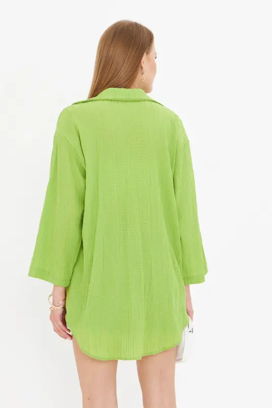 Woman Pistachio Green Shirt Collared Front Tie K - 5