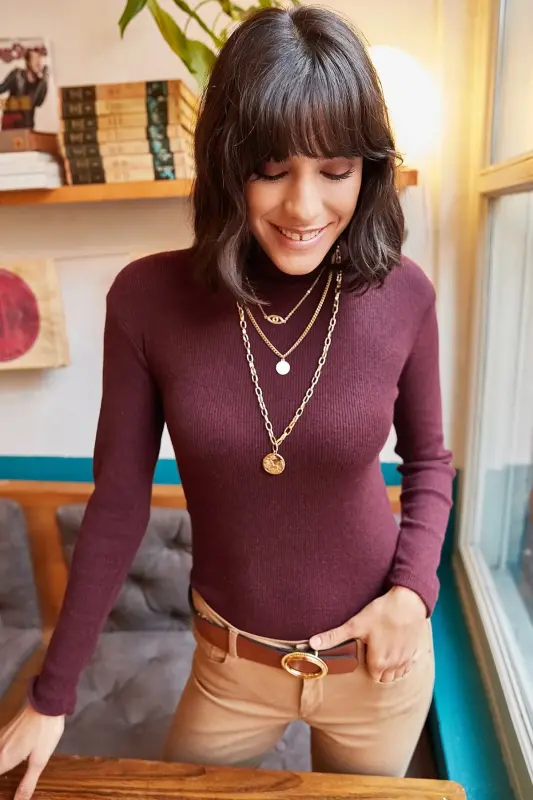 Woman Plum Half Turtleneck Brushed Ribbed Blouse BLZ-19000599-Plum - 3