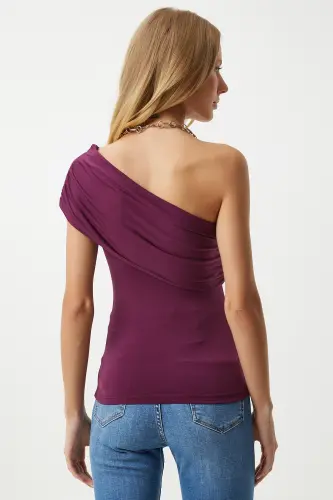Woman Plum One Shoulder Ruched Knitted Blouse DZ00112-Plum - 6