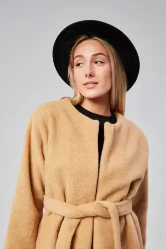 WOMAN PLUSH CORN BELTED COAT-MINK-MINK - 1