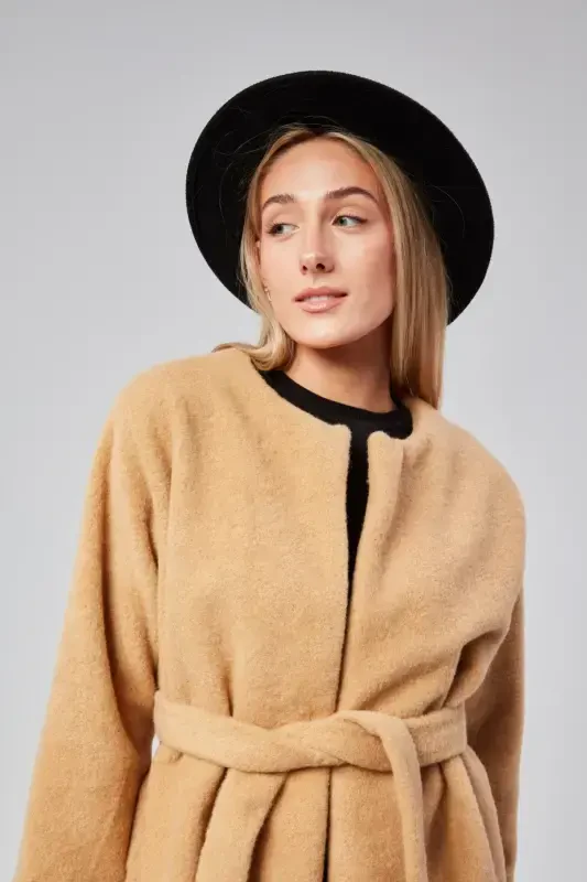 WOMAN PLUSH CORN BELTED COAT-MINK-MINK - 1