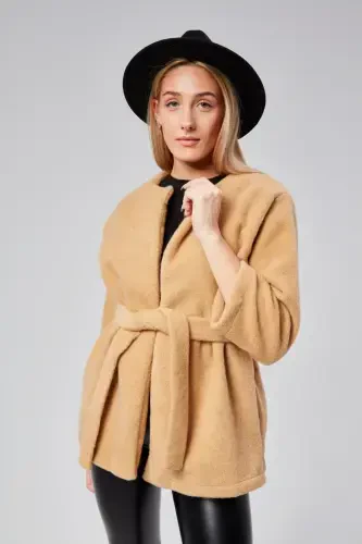 WOMAN PLUSH CORN BELTED COAT-MINK-MINK - 3