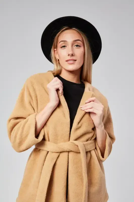 WOMAN PLUSH CORN BELTED COAT-MINK-MINK - 4