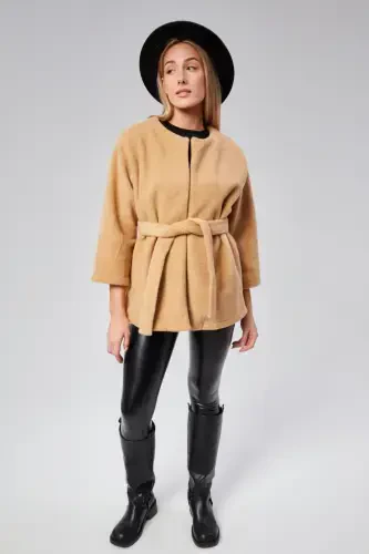 WOMAN PLUSH CORN BELTED COAT-MINK-MINK - 5