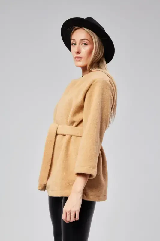 WOMAN PLUSH CORN BELTED COAT-MINK-MINK - 6