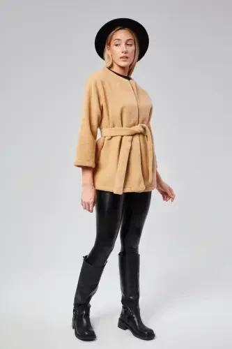 WOMAN PLUSH CORN BELTED COAT-MINK-MINK - 7