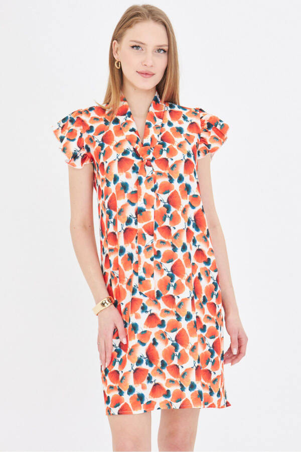 Woman Pomegranate Blossom V Neck Ruffled Sleeve Tie Detail - 1