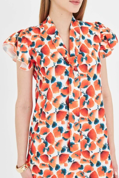 Woman Pomegranate Blossom V Neck Ruffled Sleeve Tie Detail - ARMONIKA (1)