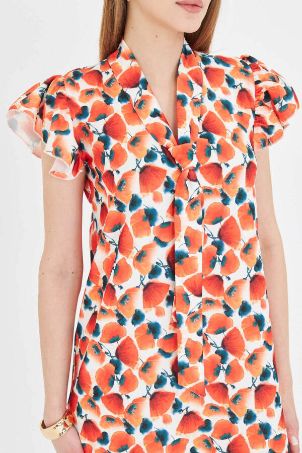 Woman Pomegranate Blossom V Neck Ruffled Sleeve Tie Detail - 2