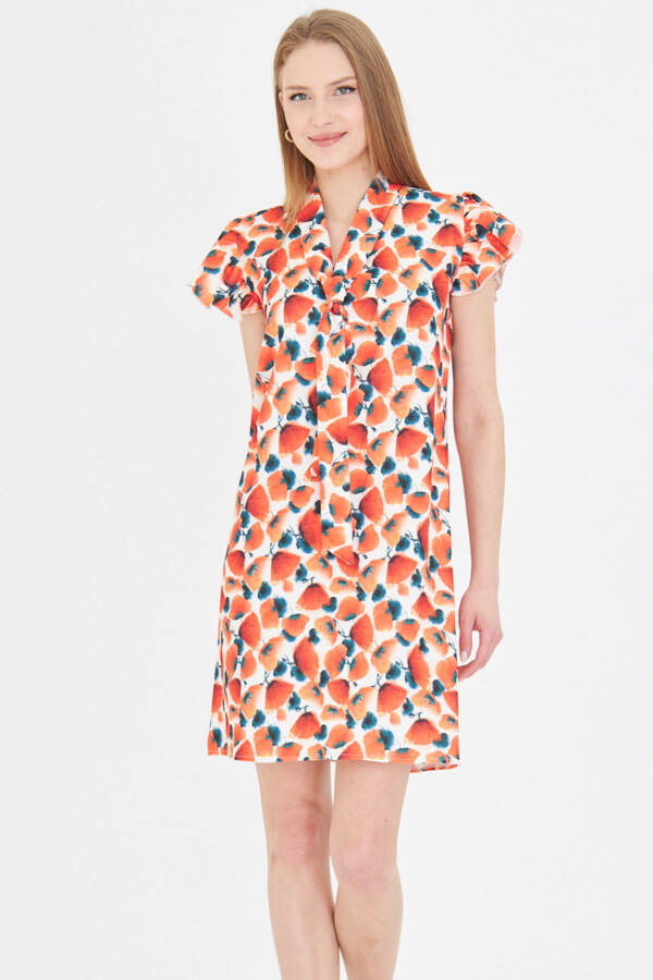 Woman Pomegranate Blossom V Neck Ruffled Sleeve Tie Detail - 3