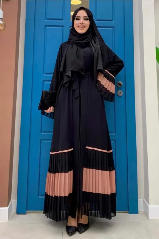 Woman Powder (BLACK-POWDER) Pleated Detailed Flounced Abaya T 4547-POWDER (BLACK - 2