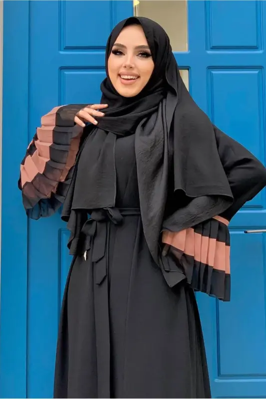 Woman Powder (BLACK-POWDER) Pleated Detailed Flounced Abaya T 4547-POWDER (BLACK - 3