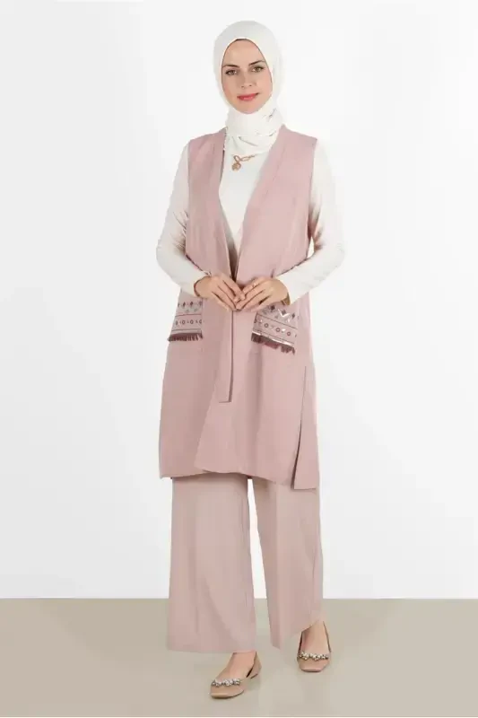 WOMAN POWDER (SALMON) EMBROIDERED POCKETS VEST 40848-POWDER (SALMON) - TRENDTESETTÜR
