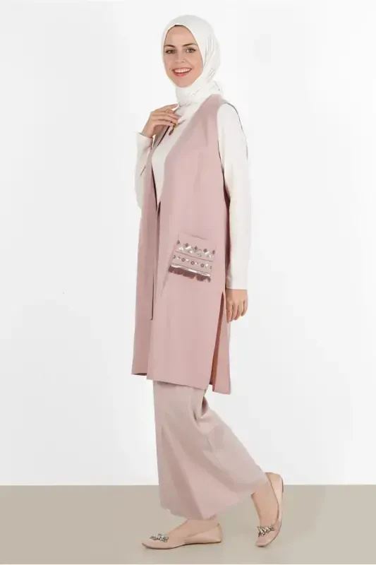 WOMAN POWDER (SALMON) EMBROIDERED POCKETS VEST 40848-POWDER (SALMON) - 2