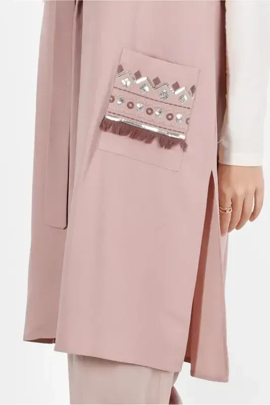 WOMAN POWDER (SALMON) EMBROIDERED POCKETS VEST 40848-POWDER (SALMON) - 4