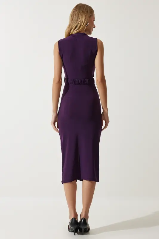 Woman Purple Belted Ruched Fitted Knitted Dress DE00031-Purple - 5