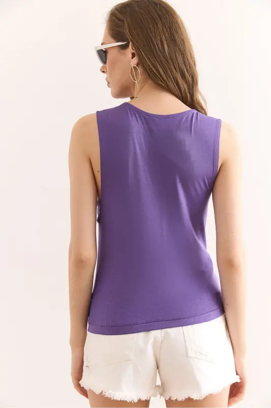Woman Purple Dress Decollete Belted Waist Viscose - 2