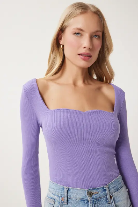 Woman Purple Heart Neck Ribbed Knitted Blouse GT00100-Purple - HAPPINESS İSTANBUL