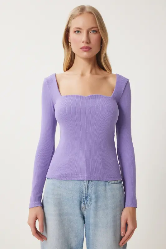 Woman Purple Heart Neck Ribbed Knitted Blouse GT00100-Purple - 4