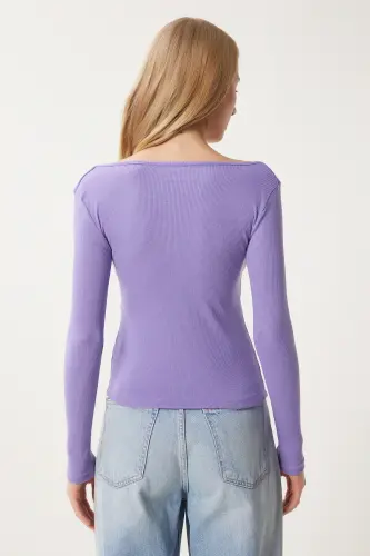 Woman Purple Heart Neck Ribbed Knitted Blouse GT00100-Purple - 6