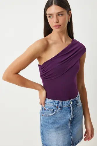 Woman Purple One Shoulder Ruched Knitted Blouse DZ00112-Purple - 3