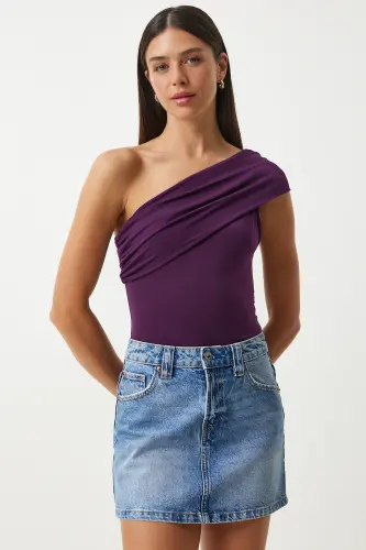 Woman Purple One Shoulder Ruched Knitted Blouse DZ00112-Purple - 4