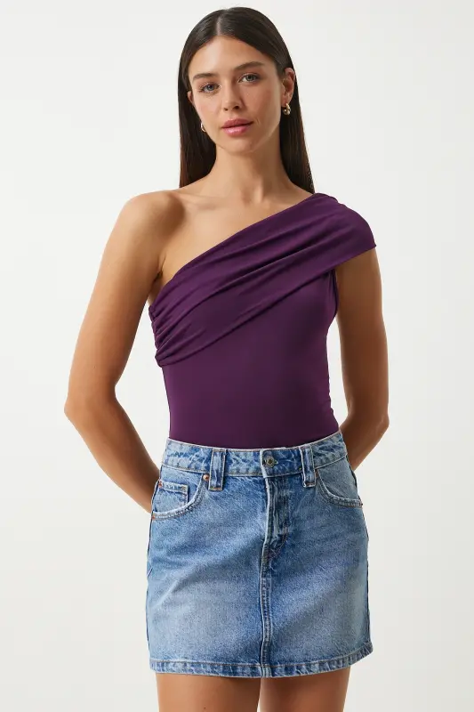 Woman Purple One Shoulder Ruched Knitted Blouse DZ00112-Purple - 4