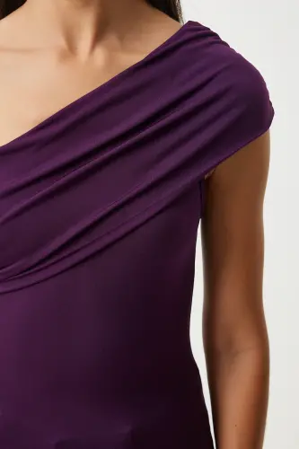 Woman Purple One Shoulder Ruched Knitted Blouse DZ00112-Purple - 6