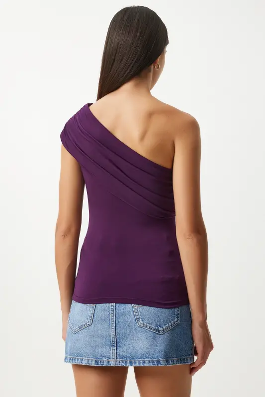 Woman Purple One Shoulder Ruched Knitted Blouse DZ00112-Purple - 8