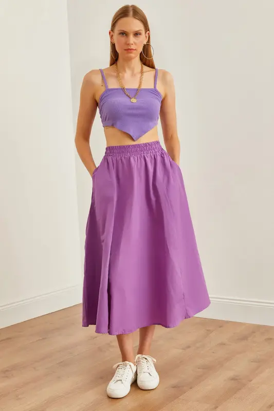 Woman Purple Pocketed Elastic Waist Midi Woven Flared Skirt ETK-19000271-Purple - 1