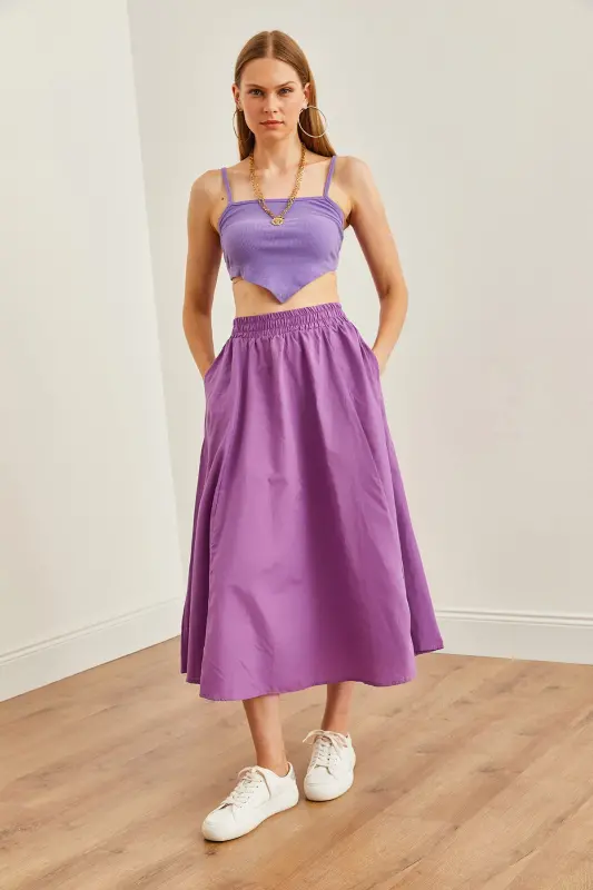 Woman Purple Pocketed Elastic Waist Midi Woven Flared Skirt ETK-19000271-Purple - 4