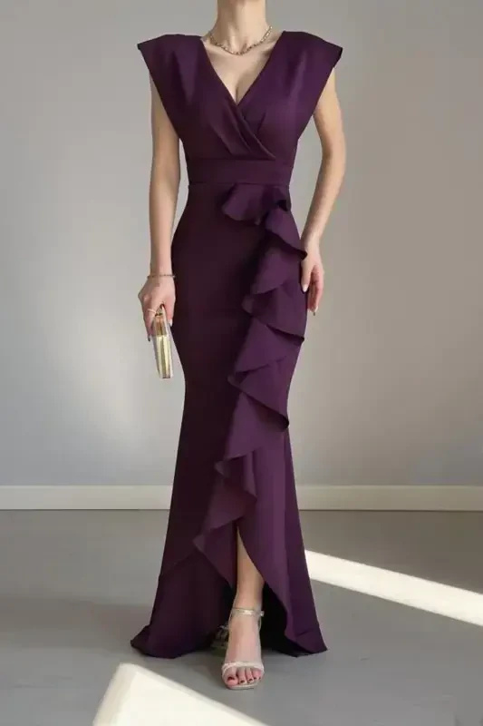 Woman Purple Scuba Diver Fabric Crossover Collar Skirt Ruffled Evening Dress Graduation Wedding Dress-purple - 1