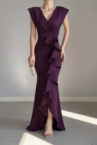 Woman Purple Scuba Diver Fabric Crossover Collar Skirt Ruffled Evening Dress Graduation Wedding Dress-purple 