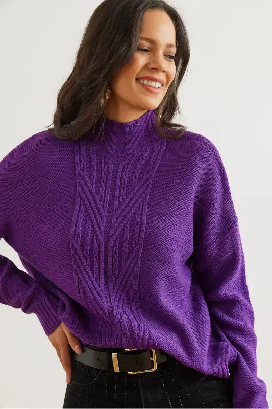 Woman Purple Stand-up Collar Middle Braided Knit Sweater KZK-19000912-Purple - OLALOOK