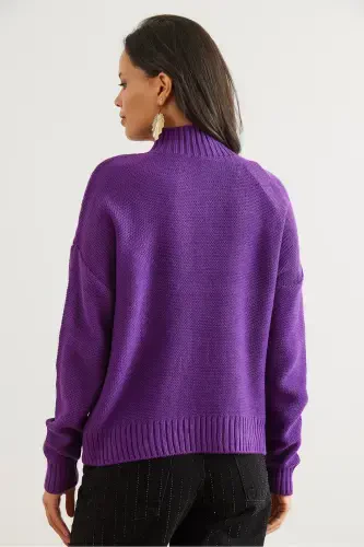 Woman Purple Stand-up Collar Middle Braided Knit Sweater KZK-19000912-Purple - 5