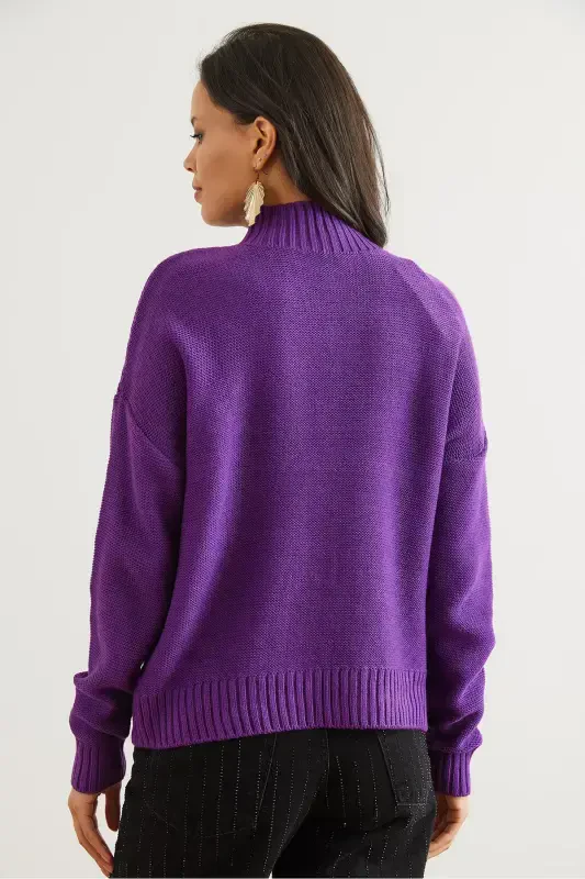 Woman Purple Stand-up Collar Middle Braided Knit Sweater KZK-19000912-Purple - 5