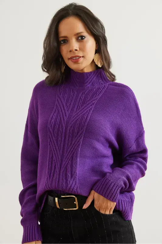 Woman Purple Stand-up Collar Middle Braided Knit Sweater KZK-19000912-Purple - 6