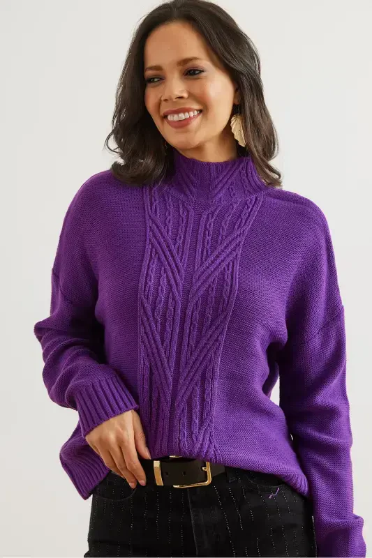 Woman Purple Stand-up Collar Middle Braided Knit Sweater KZK-19000912-Purple - 7