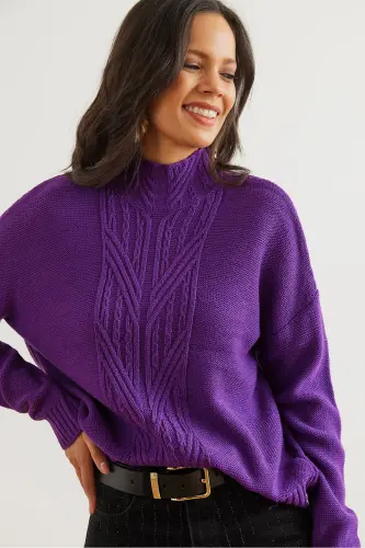 Woman Purple Stand-up Collar Middle Braided Knit Sweater KZK-19000912-Purple 
