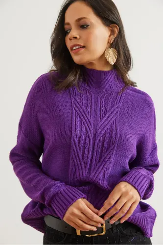 Woman Purple Stand-up Collar Middle Braided Knit Sweater KZK-19000912-Purple - 3