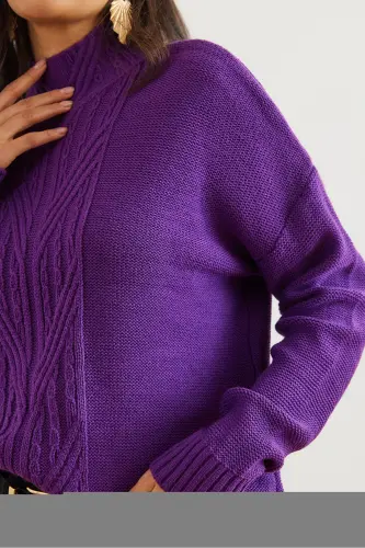 Woman Purple Stand-up Collar Middle Braided Knit Sweater KZK-19000912-Purple - 4