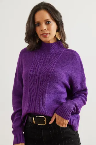 Woman Purple Stand-up Collar Middle Braided Knit Sweater KZK-19000912-Purple - 6