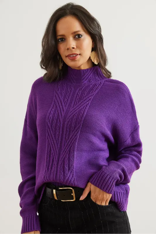 Woman Purple Stand-up Collar Middle Braided Knit Sweater KZK-19000912-Purple - 6