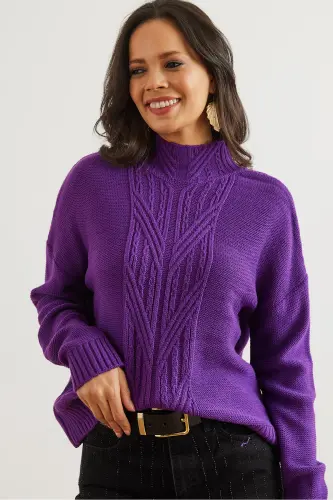 Woman Purple Stand-up Collar Middle Braided Knit Sweater KZK-19000912-Purple - 7