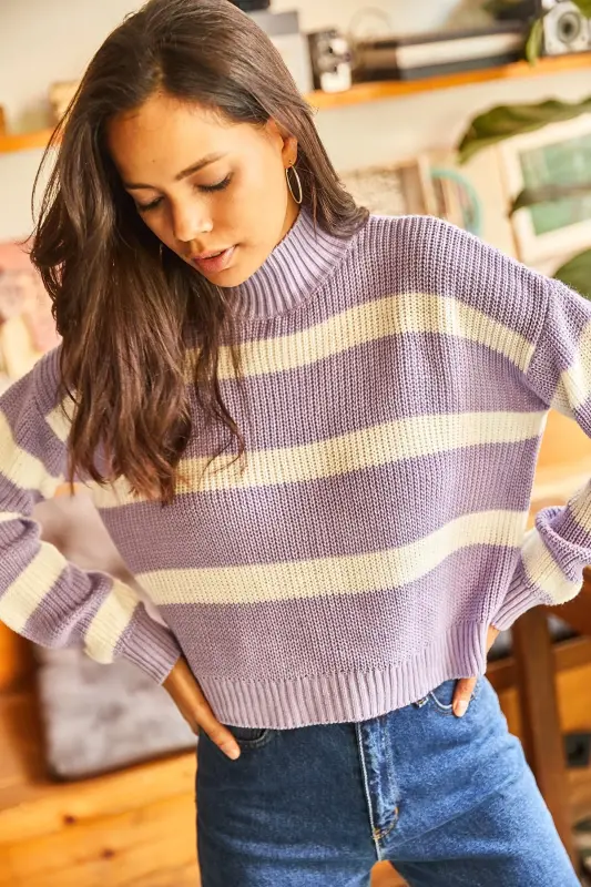 Woman Purple Striped Half Turtleneck Crop Knitwear Sweater KZK-19000402-Purple - 4