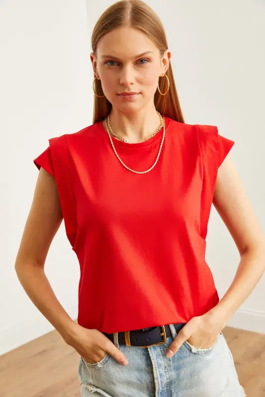 Woman Red Arm Detailed Cotton T-Shirt TSH-1900081 - 1