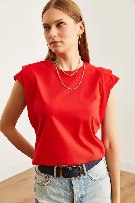 Woman Red Arm Detailed Cotton T-Shirt TSH-1900081 - 3