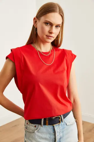 Woman Red Arm Detailed Cotton T-Shirt TSH-1900081 - 4