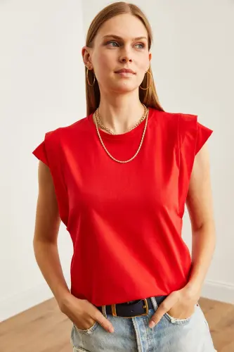 Woman Red Arm Detailed Cotton T-Shirt TSH-1900081 - 5